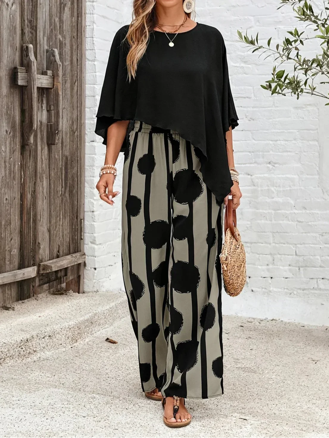 Asymmetric Top and Printed Pants Set | Lightweight Fabric | Casual Loungewear for Women | Comfortable Outfit