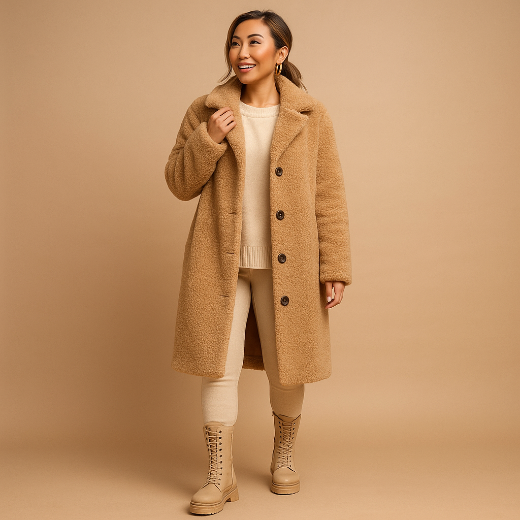 Beige Teddy Coat for Women - Oversized Long Winter Jacket with Pockets - Casual Outerwear for Cold Weather