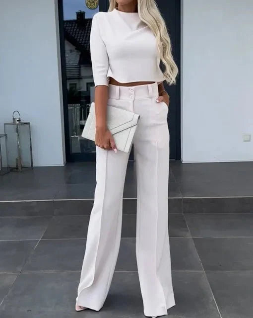 Cropped Top and Wide-Leg Pants Set for Women | Comfortable Casual Outfit | Soft Fabric for Everyday Wear