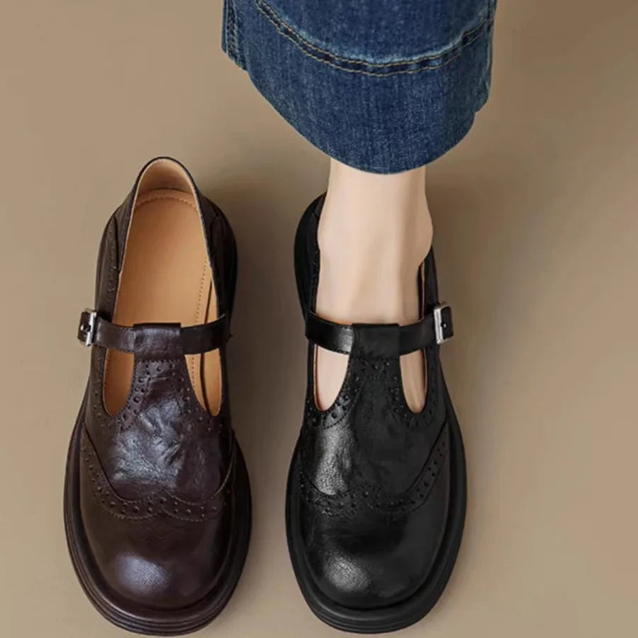 Leather T-Strap Shoes for Women - Elegant Casual or Formal Footwear - Comfortable Fit and Timeless Design