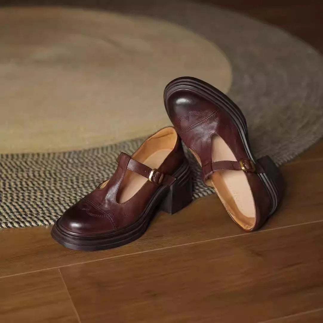 T-Strap Leather Shoes for Women | Elegant Casual and Formal Footwear | Classic Design
