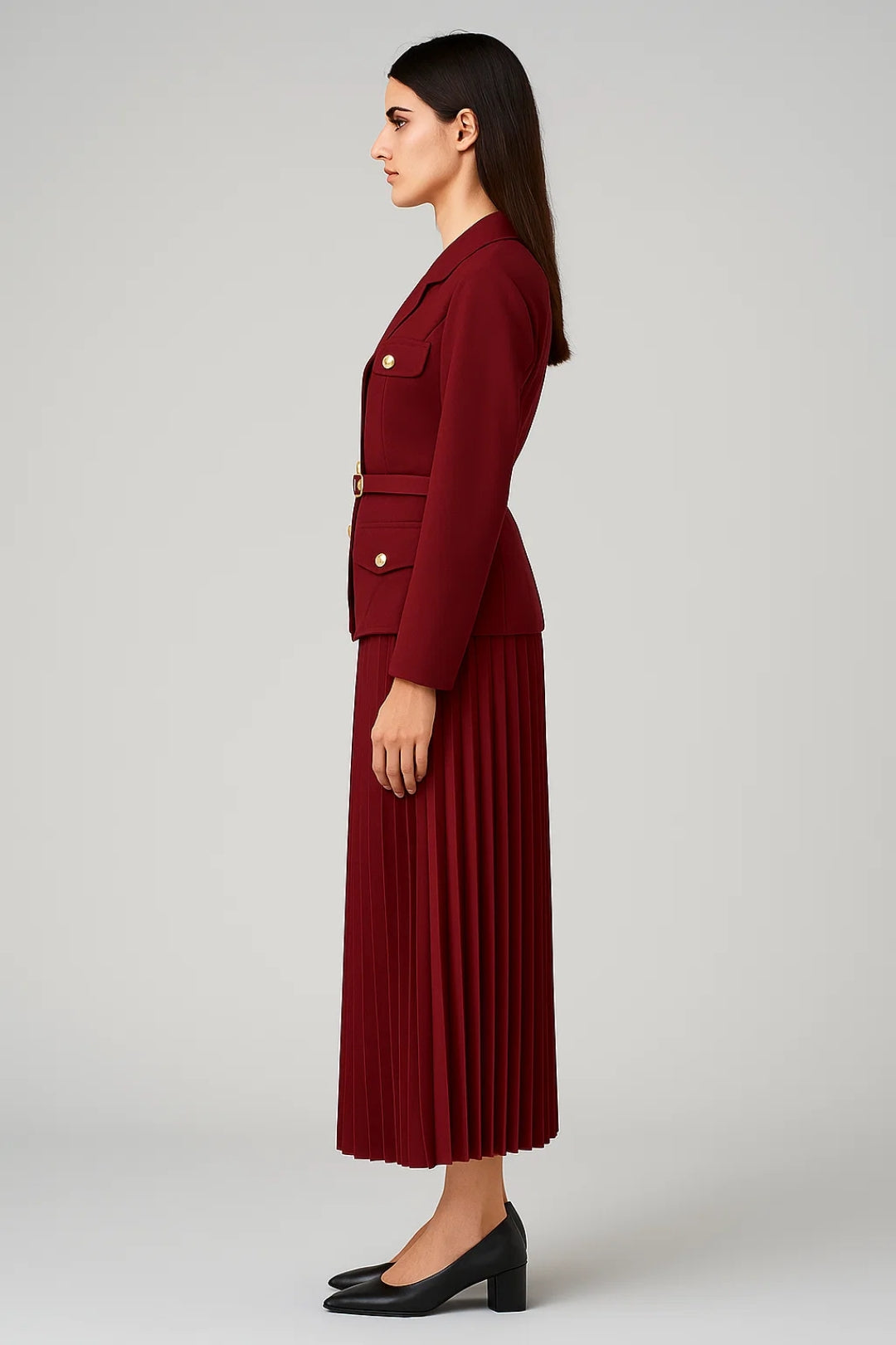 Double-Breasted Blazer and Pleated Skirt Set - Women's Office Wear in Classic Design for Professional Attire