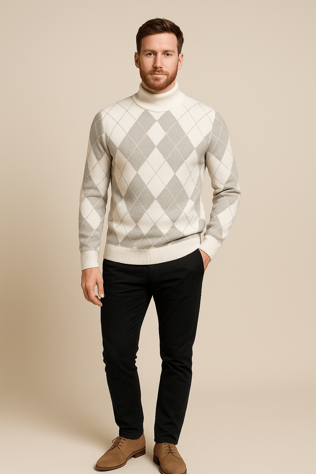 Men's Argyle Crew Neck Sweater - Classic Knitted Diamond Pattern - Casual Everyday Wear for Comfort and Style