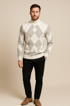 Men's Argyle Crew Neck Sweater - Classic Knitted Diamond Pattern - Casual Everyday Wear for Comfort and Style