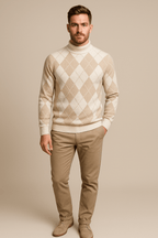 Men's Argyle Crew Neck Sweater - Classic Knitted Diamond Pattern - Casual Everyday Wear for Comfort and Style