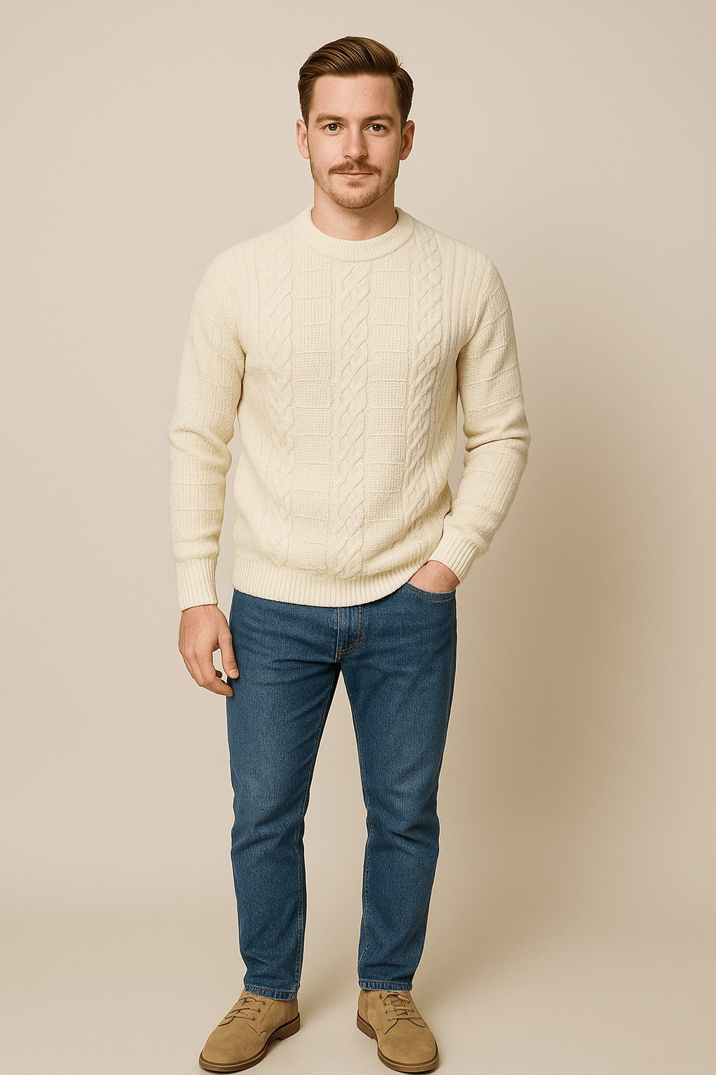 Men's Wool Blend Cable-Knit Crew Neck Sweater - Classic Casual Style for Everyday Wear