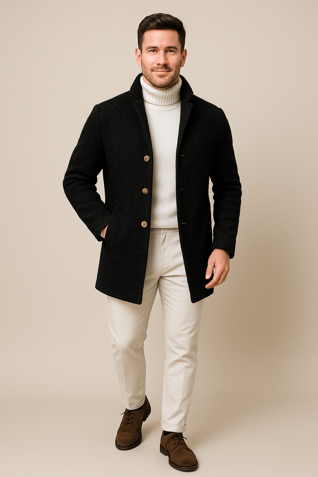 Men's Chunky Knit Cardigan - Stand-Up Collar, Button Closure - Casual Sweater for Everyday Wear and Comfort