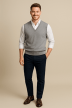 Men's Sleeveless V-Neck Fine Knit Sweater with Ribbed Trim for Casual Wear