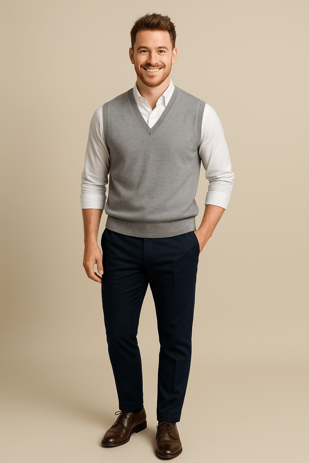 Men's Sleeveless V-Neck Fine Knit Sweater with Ribbed Trim for Casual Wear