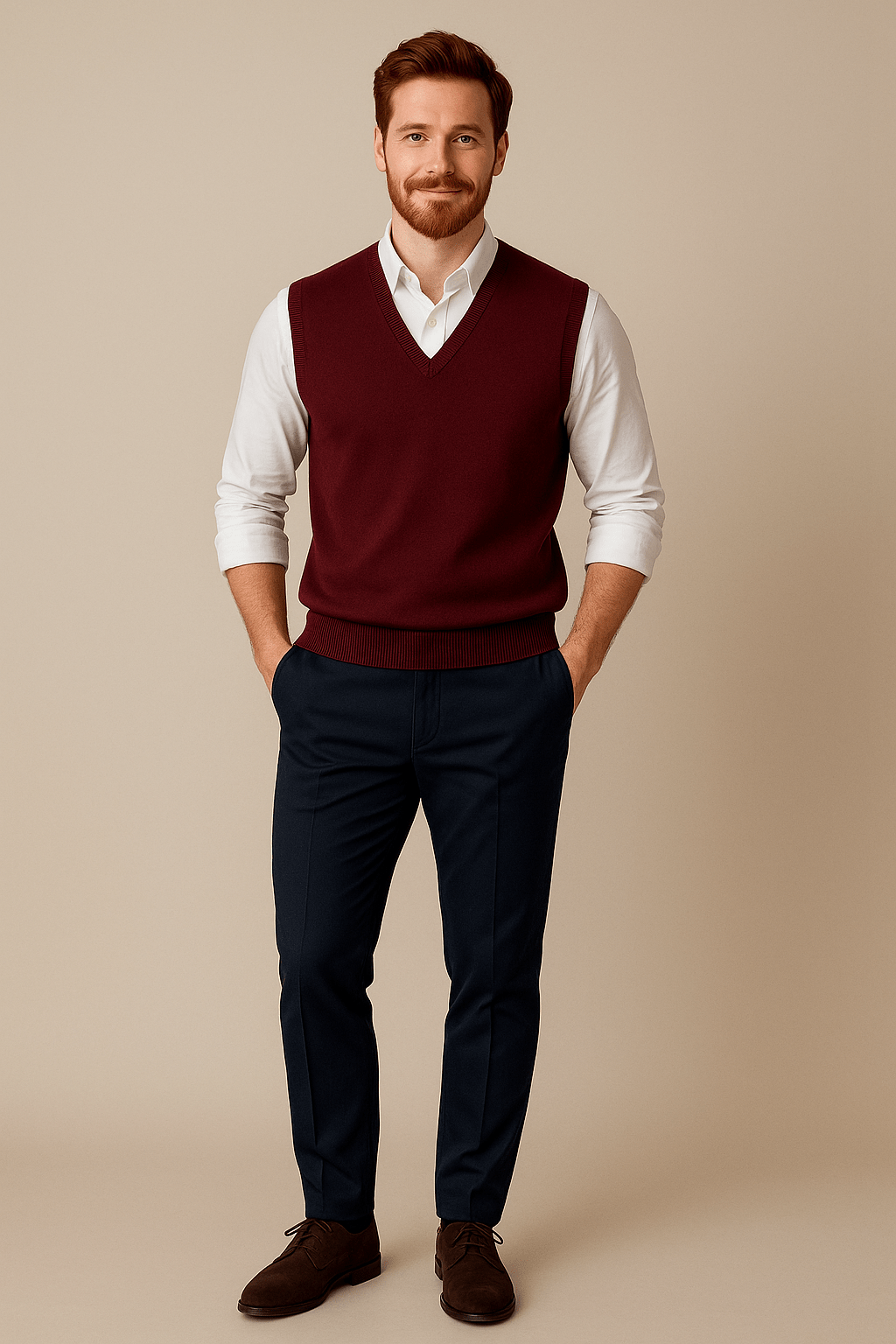 Men's Sleeveless V-Neck Fine Knit Sweater with Ribbed Trim for Casual Wear