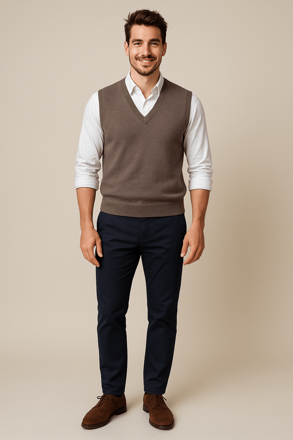 Men's Sleeveless V-Neck Fine Knit Sweater with Ribbed Trim for Casual Wear