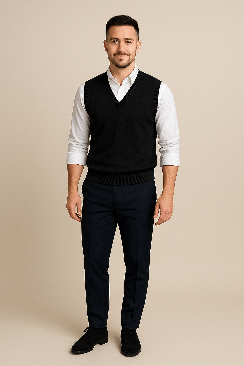 Men's Sleeveless V-Neck Fine Knit Sweater with Ribbed Trim for Casual Wear