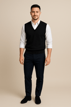 Men's Sleeveless V-Neck Fine Knit Sweater with Ribbed Trim for Casual Wear