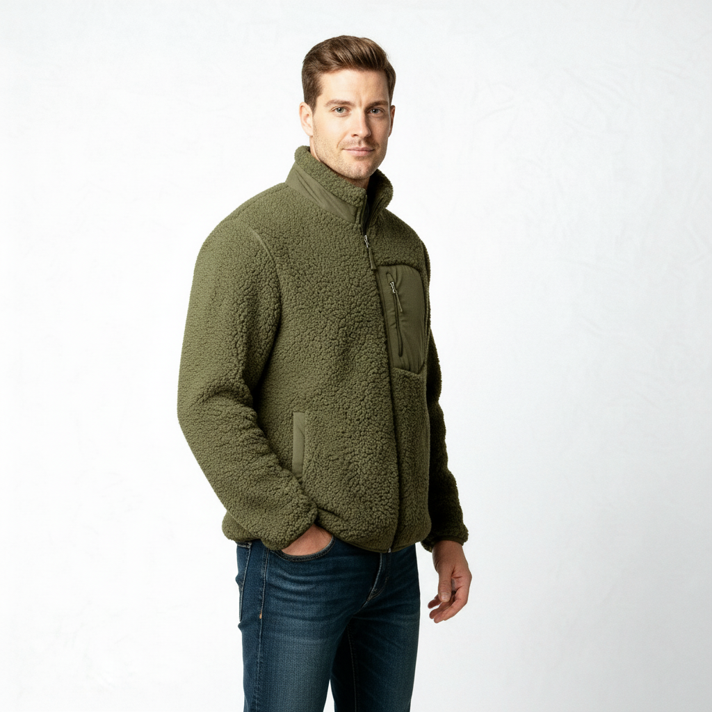 Men's Full-Zip Fleece Jacket - Warm Polyester - Casual Style - Ideal for Outdoor Activities and Everyday Wear