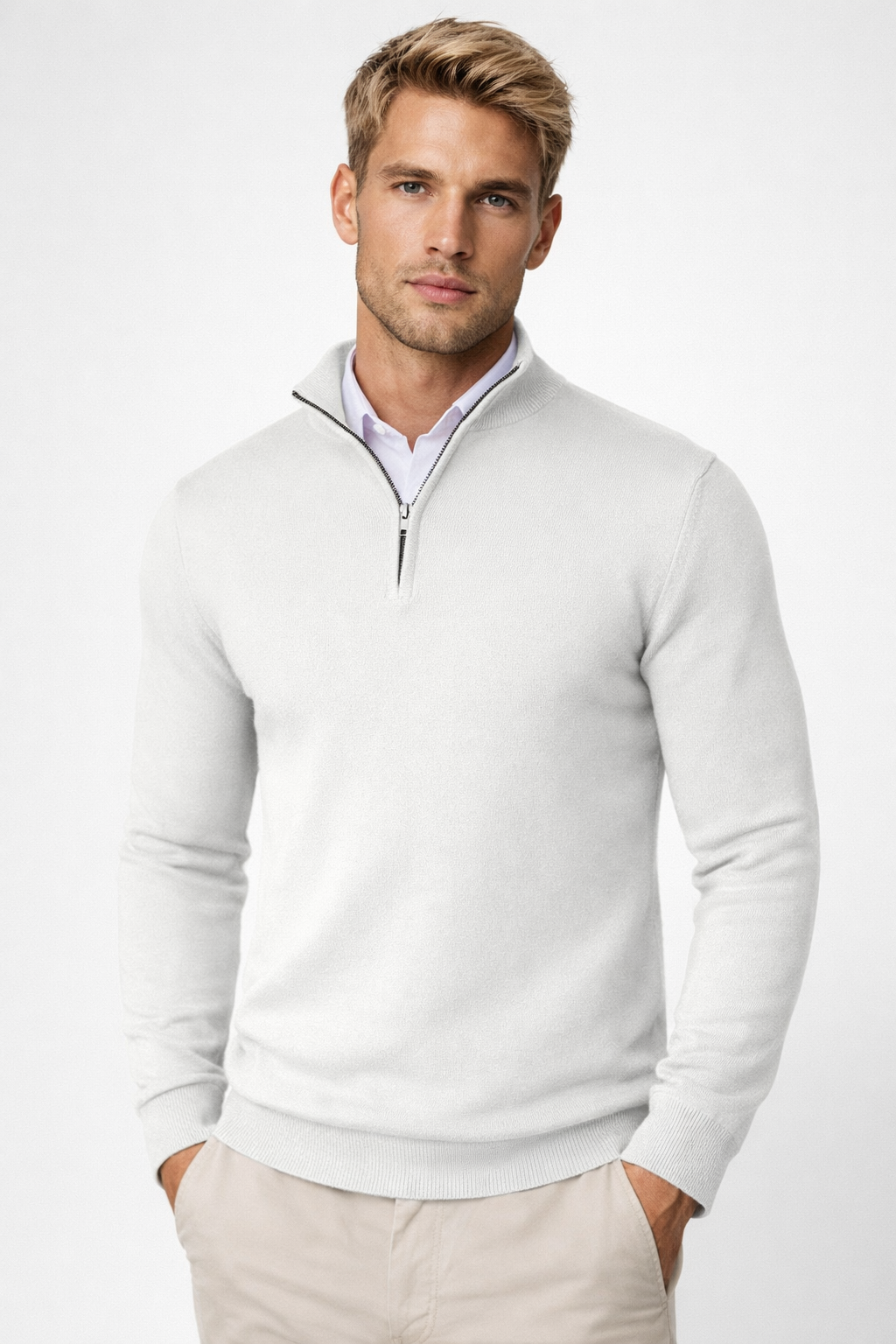 Men's Half Zip Sweater - Soft Knit Fabric - High Neck Design - Casual Layering for Cool Weather