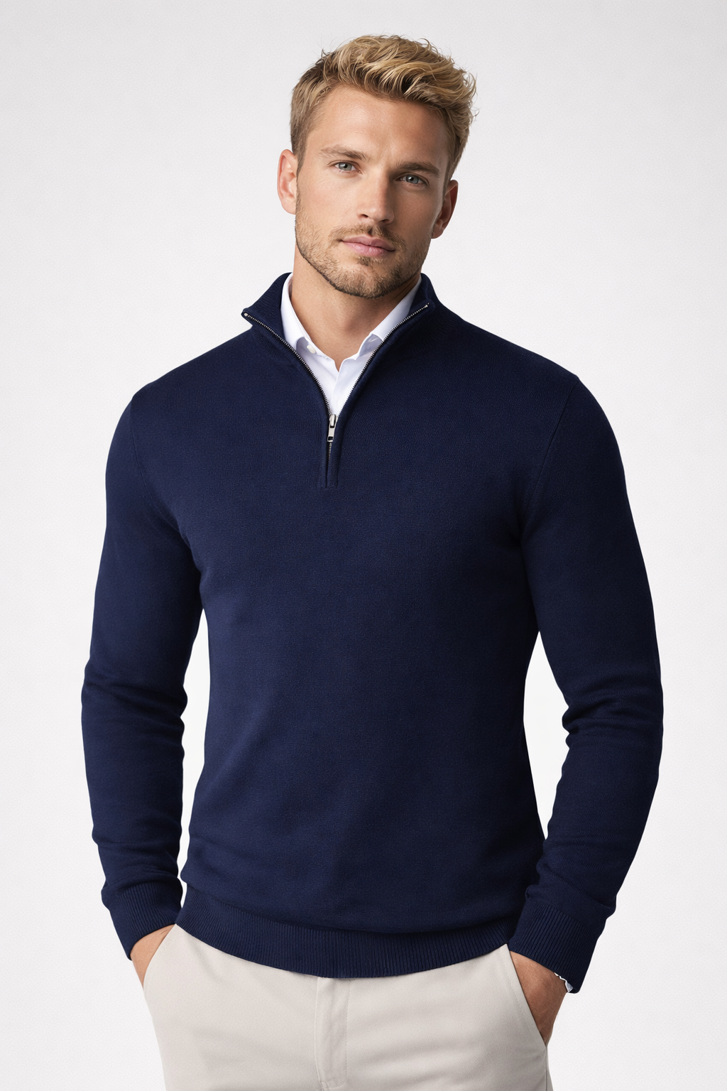 Men's Half Zip Sweater - Soft Knit Fabric - High Neck Design - Casual Layering for Cool Weather
