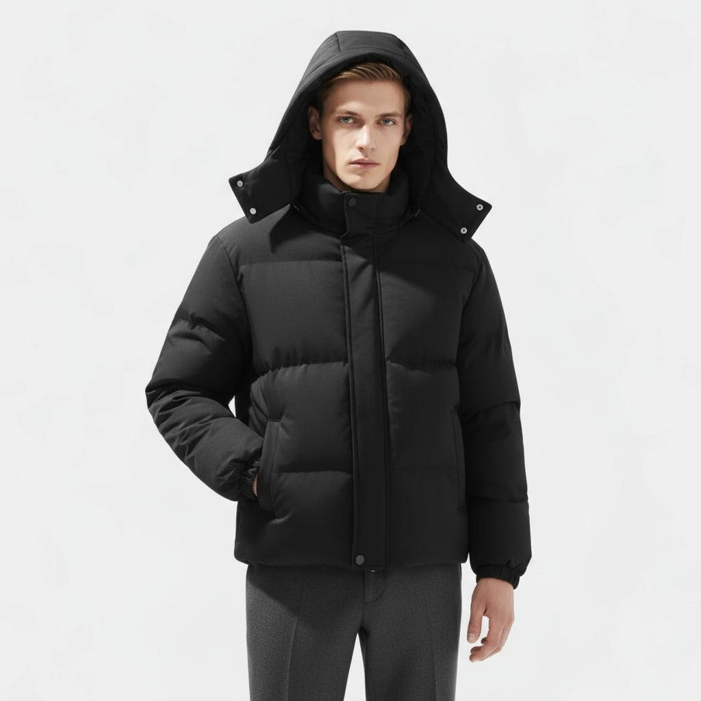 Men's Insulated Puffer Jacket - Water-Resistant Hooded Parka for Cold Weather Outdoor Activities and Travel