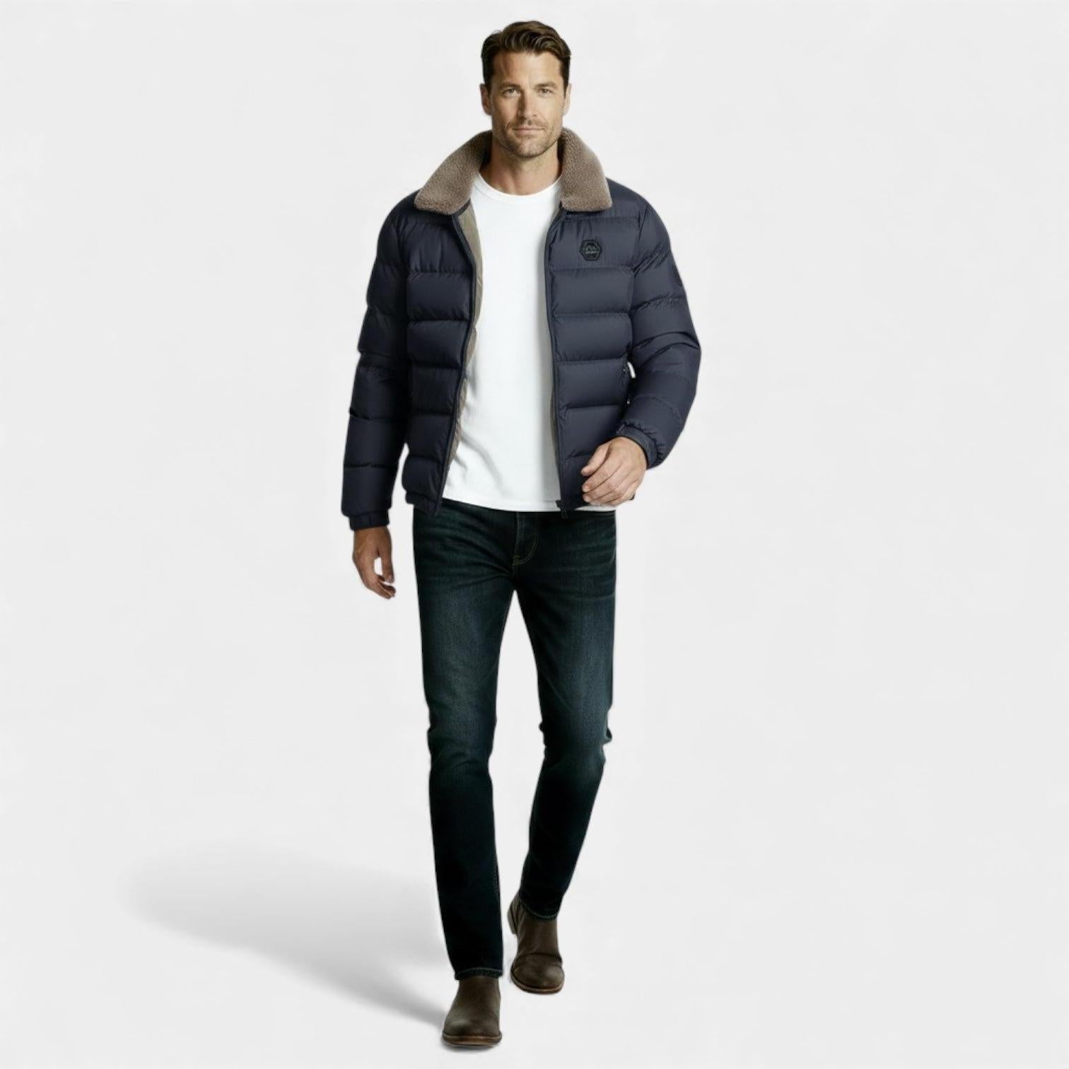Men's Insulated Puffer Jacket with Sherpa Collar - Warm Winter Outerwear for Cold Weather Activities and Outdoor Use