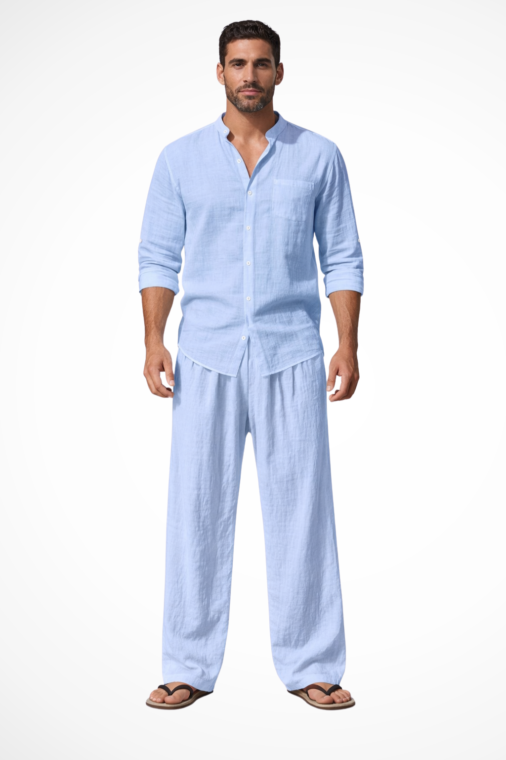 Men's Linen Grandad Collar Long Sleeve Shirt and Straight Leg Trousers Set