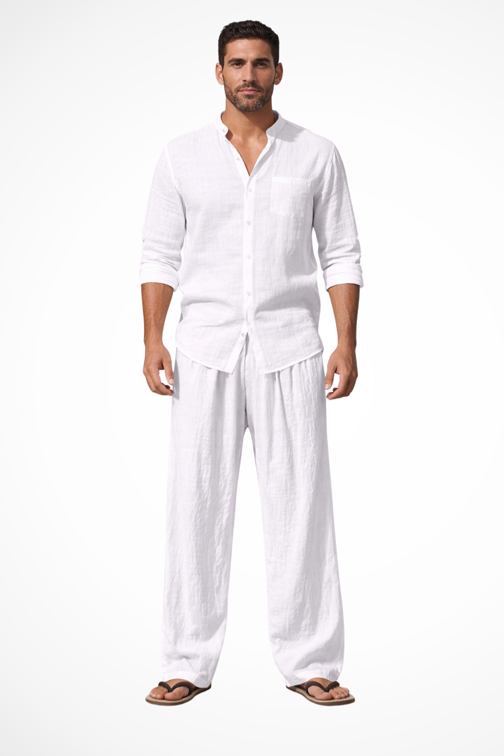 Men's Linen Grandad Collar Long Sleeve Shirt and Straight Leg Trousers Set