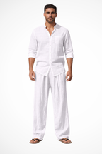 Men's Linen Grandad Collar Long Sleeve Shirt and Straight Leg Trousers Set