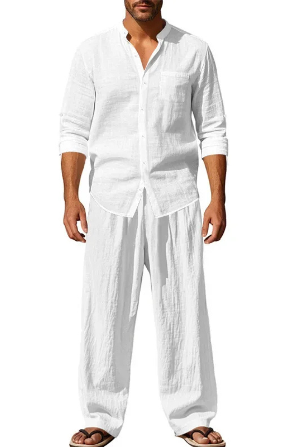 Men's Linen Grandad Collar Long Sleeve Shirt and Straight Leg Trousers Set