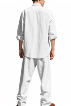 Men's Linen Grandad Collar Long Sleeve Shirt and Straight Leg Trousers Set