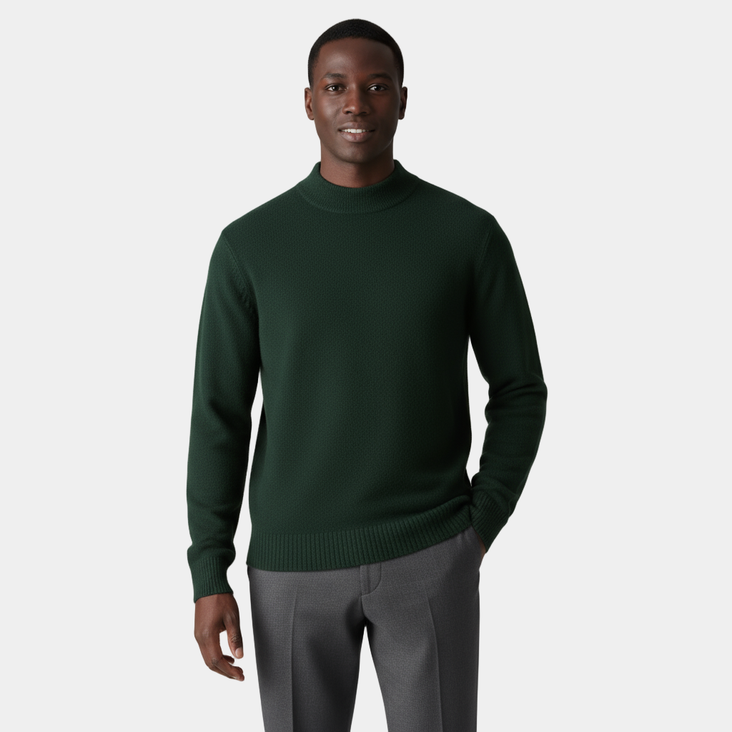 Men's Merino Wool Mock Neck Jumper with Ribbed Trims for Casual Everyday Comfort and Style