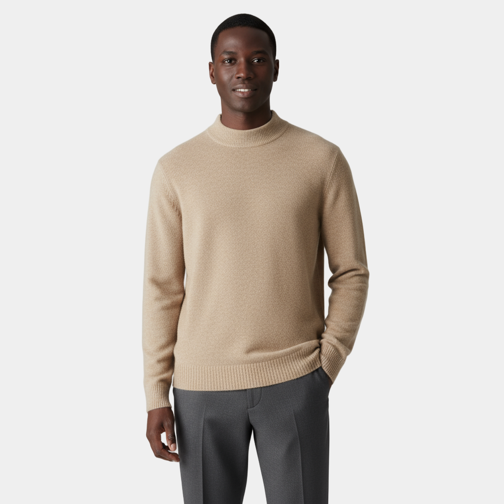 Men's Merino Wool Mock Neck Jumper with Ribbed Trims for Casual Everyday Comfort and Style