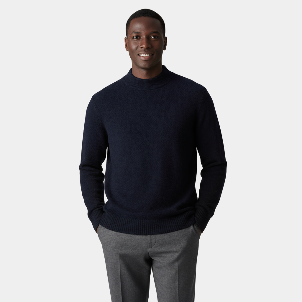 Men's Merino Wool Mock Neck Jumper with Ribbed Trims for Casual Everyday Comfort and Style