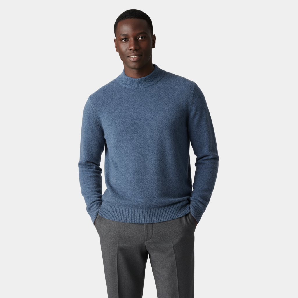 Men's Merino Wool Mock Neck Jumper with Ribbed Trims for Casual Everyday Comfort and Style