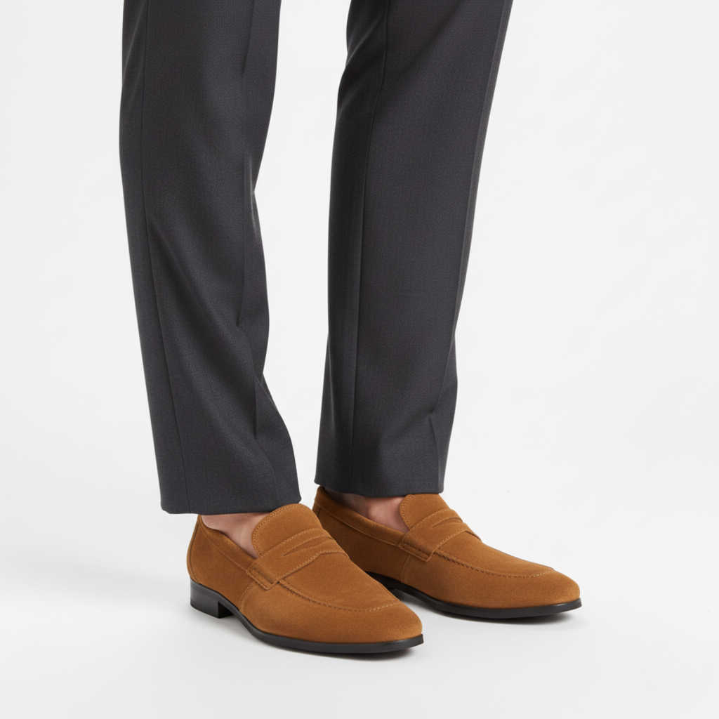 Men's Khaki Suede Penny Loafers - Casual Everyday Footwear for Stylish Comfort