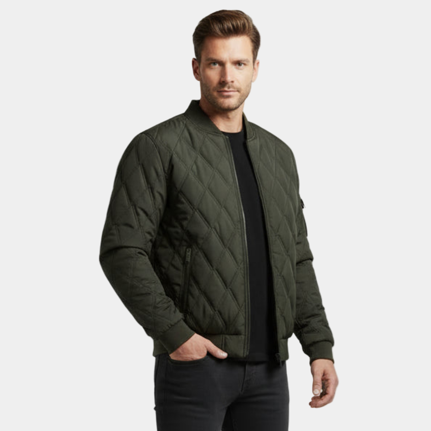 Men's Quilted Fleece-Lined Bomber Jacket - Warm Winter Outerwear for Cold Weather