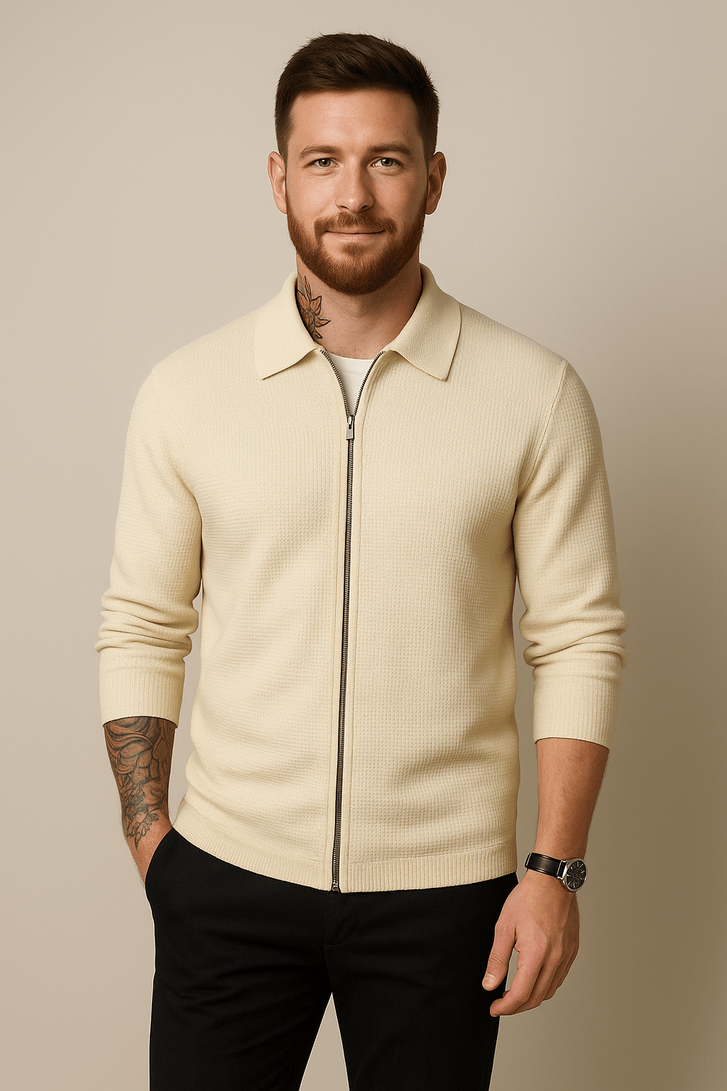 Men's Waffle Knit Zip-Up Sweater | Casual Layering | Modern Fit | Cool Weather Essential