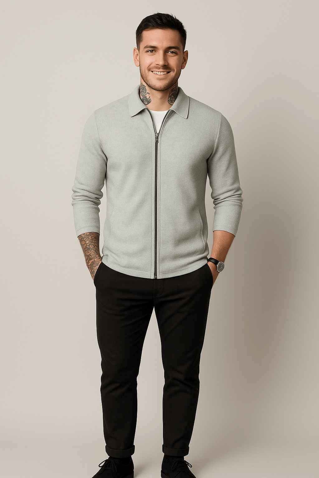 Men's Waffle Knit Zip-Up Sweater | Casual Layering | Modern Fit | Cool Weather Essential