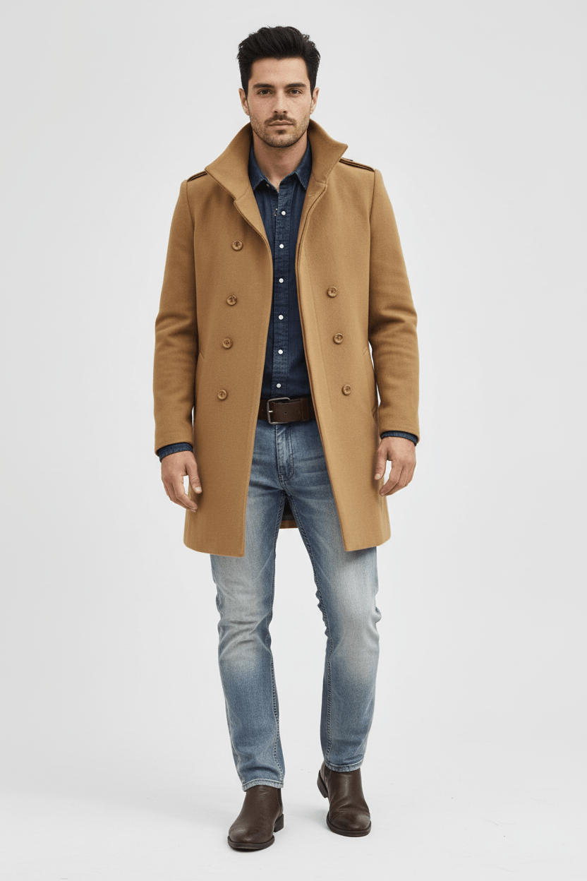 Men's Wool Trench Coat - Tailored Fit, Classic Design for Formal and Casual Wear