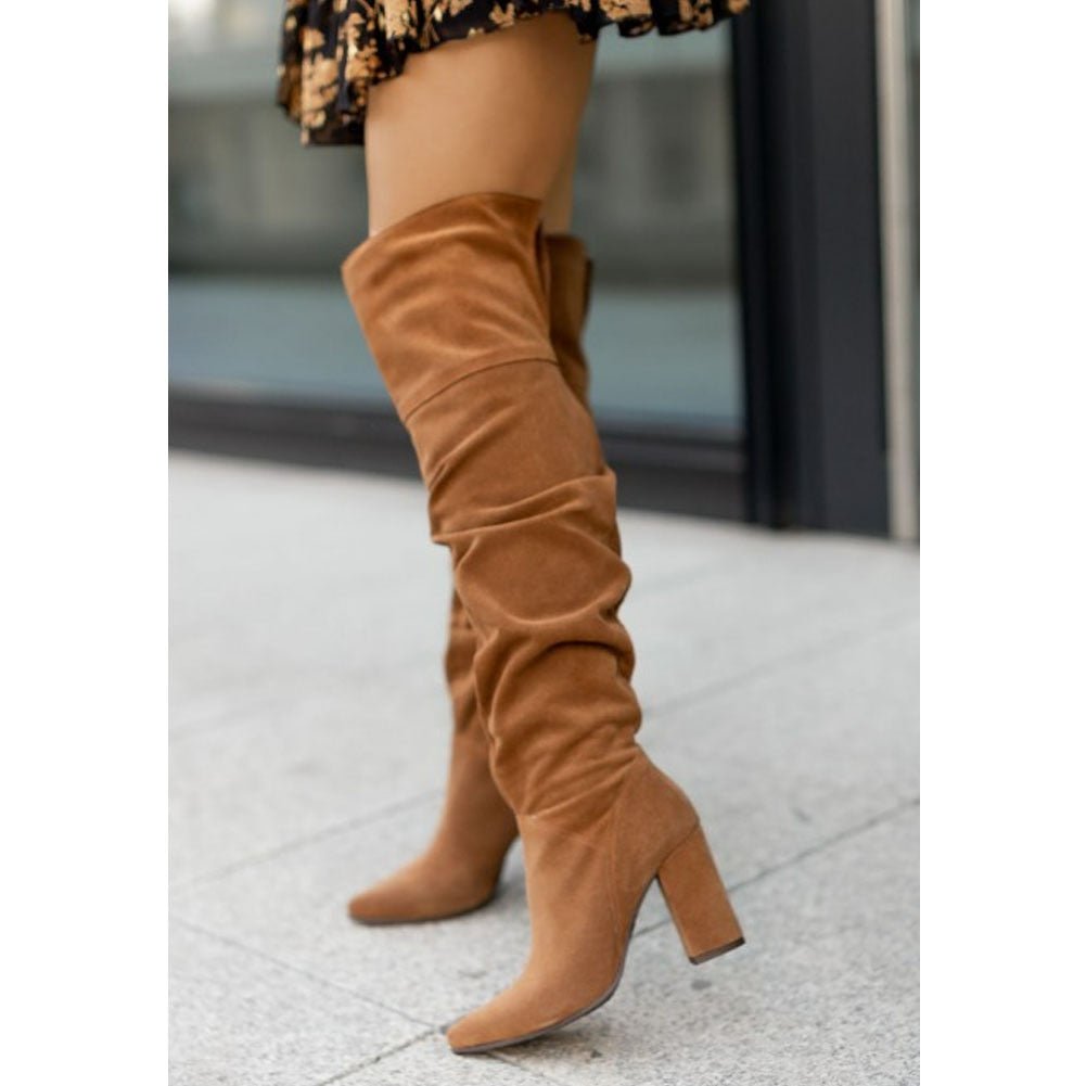 Ruched Overknee Block Heel Boots - Faux Leather, Stylish Design for Casual or Dressy Wear, Women's Footwear