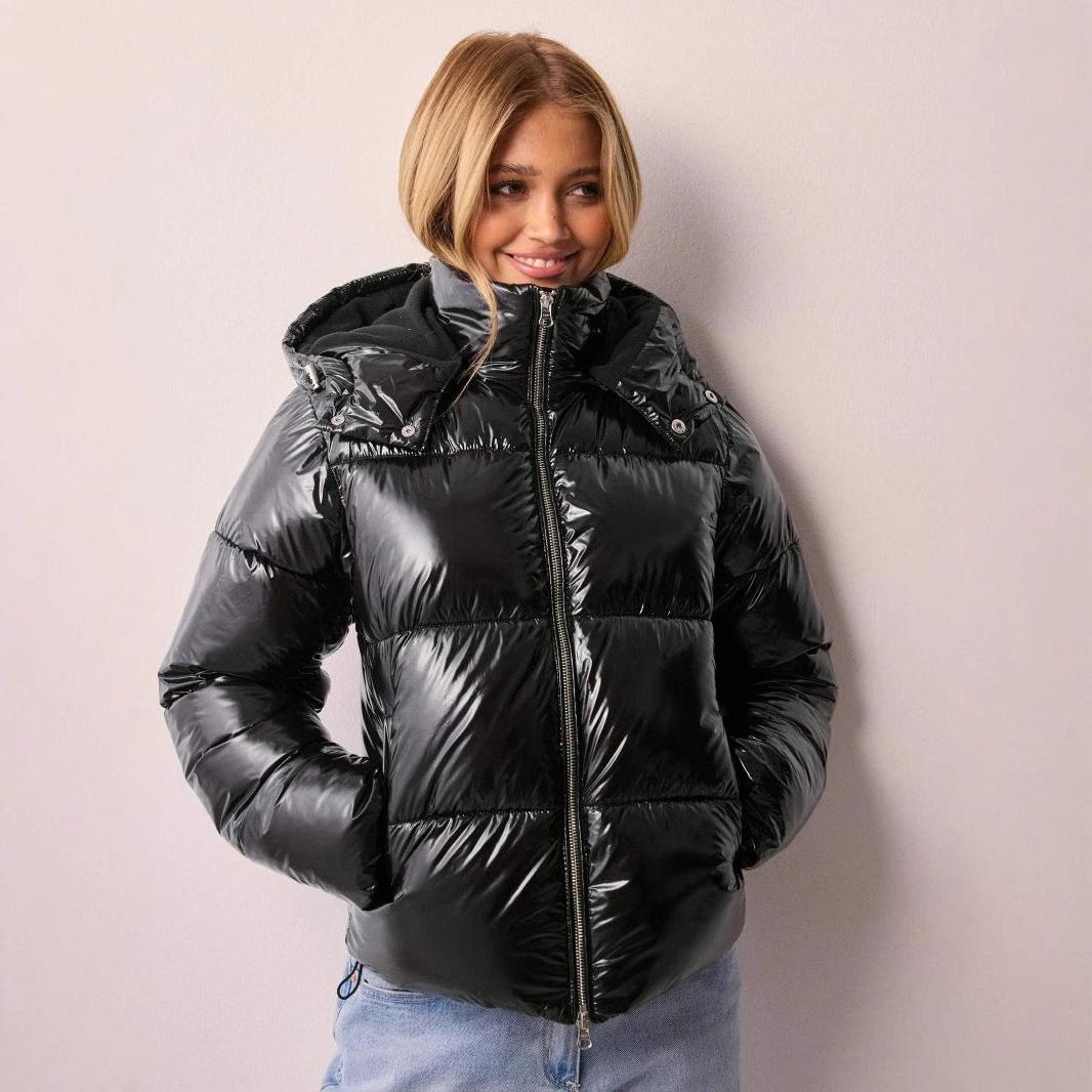 Shiny Quilted Jacket for Women with Removable Hood - Chic Casual Outerwear
