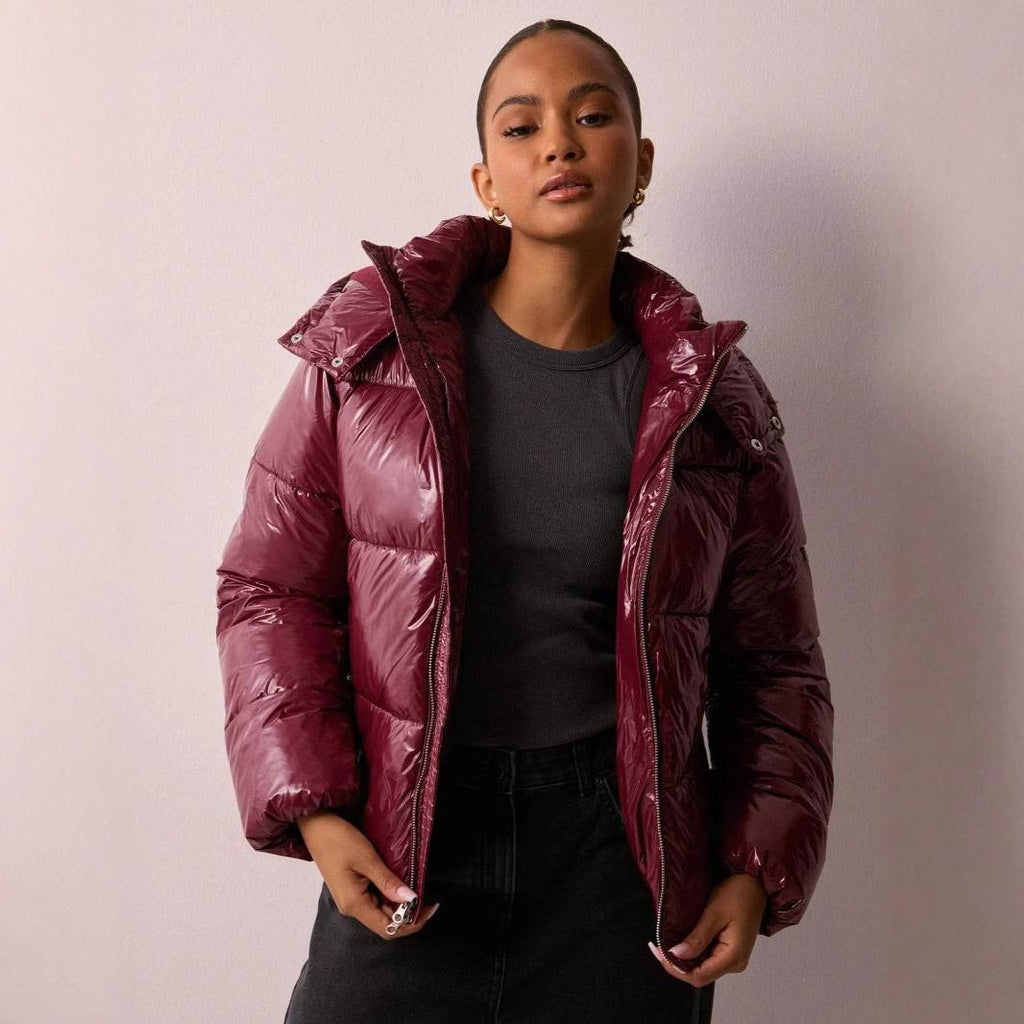 Shiny Quilted Jacket for Women with Removable Hood - Chic Casual Outerwear