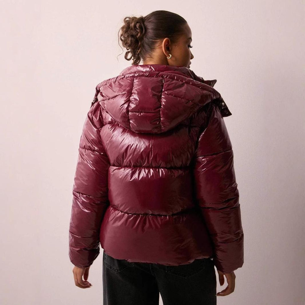 Shiny Quilted Jacket for Women with Removable Hood - Chic Casual Outerwear