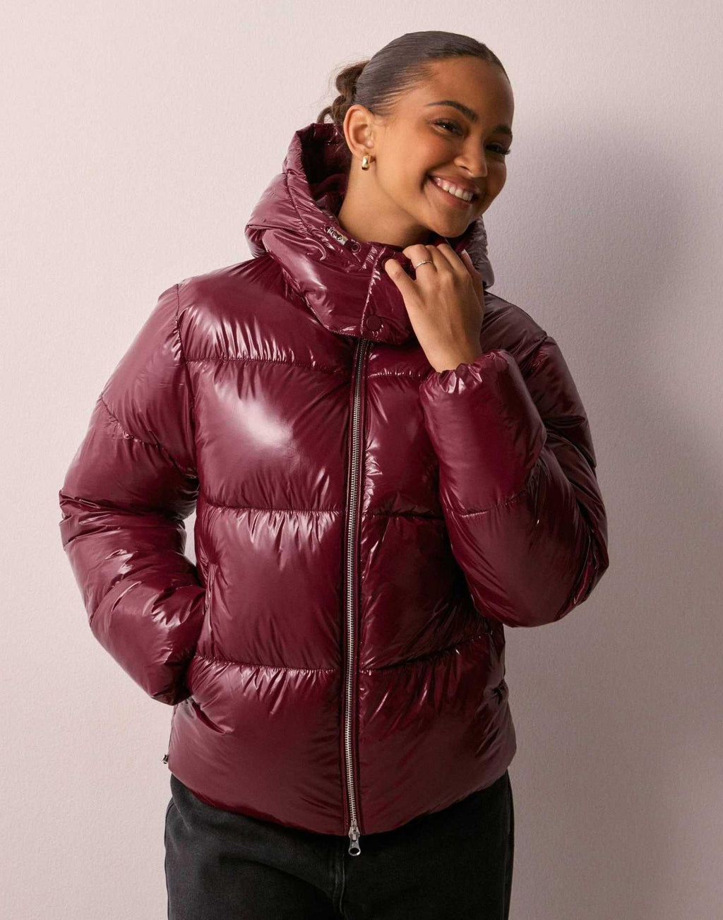 Shiny Quilted Jacket for Women with Removable Hood - Chic Casual Outerwear