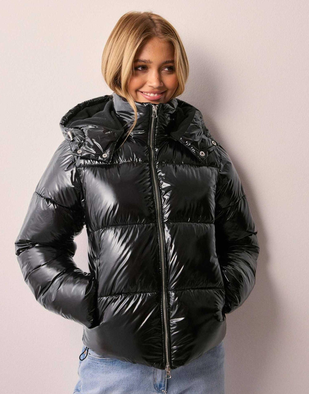 Shiny Quilted Jacket for Women with Removable Hood - Chic Casual Outerwear