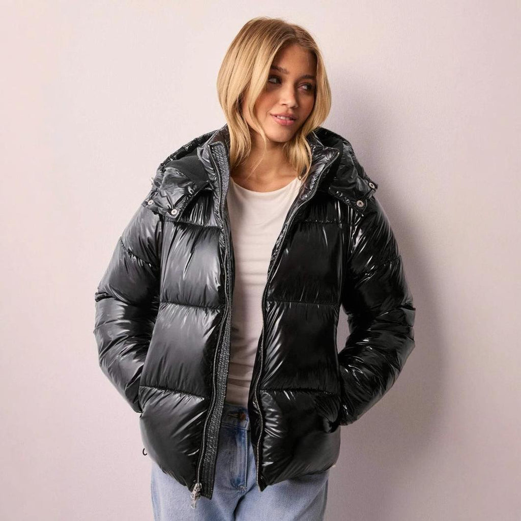 Shiny Quilted Jacket for Women with Removable Hood - Chic Casual Outerwear