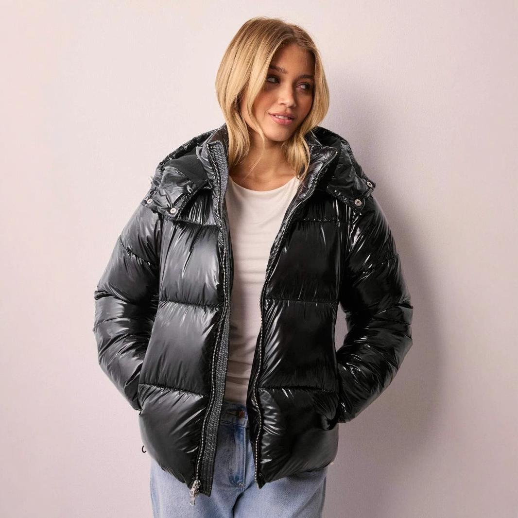 Shiny Quilted Jacket for Women with Removable Hood - Chic Casual Outerwear