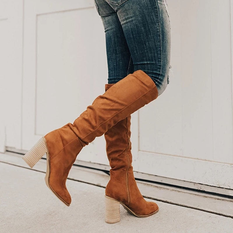Thigh High Faux Leather Chunky Heel Boots for Women – Casual and Dressy Footwear