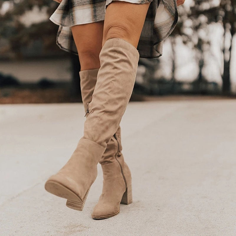 Thigh High Faux Leather Chunky Heel Boots for Women – Casual and Dressy Footwear
