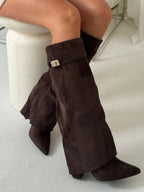 Wide Leg Leather Heeled Boots | Folded Design | Versatile Footwear for Casual or Dressy Occasions