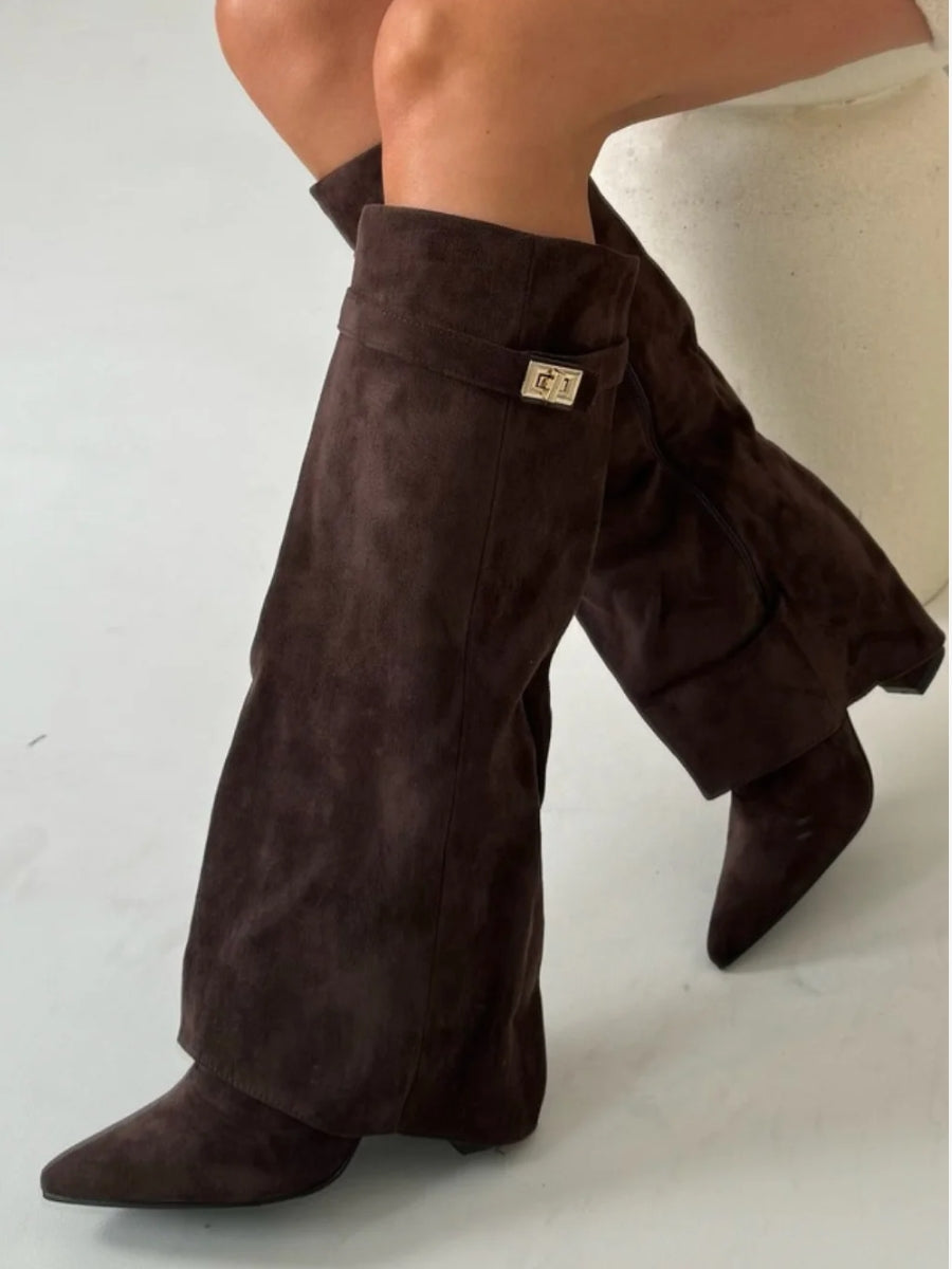 Wide Leg Leather Heeled Boots | Folded Design | Versatile Footwear for Casual or Dressy Occasions