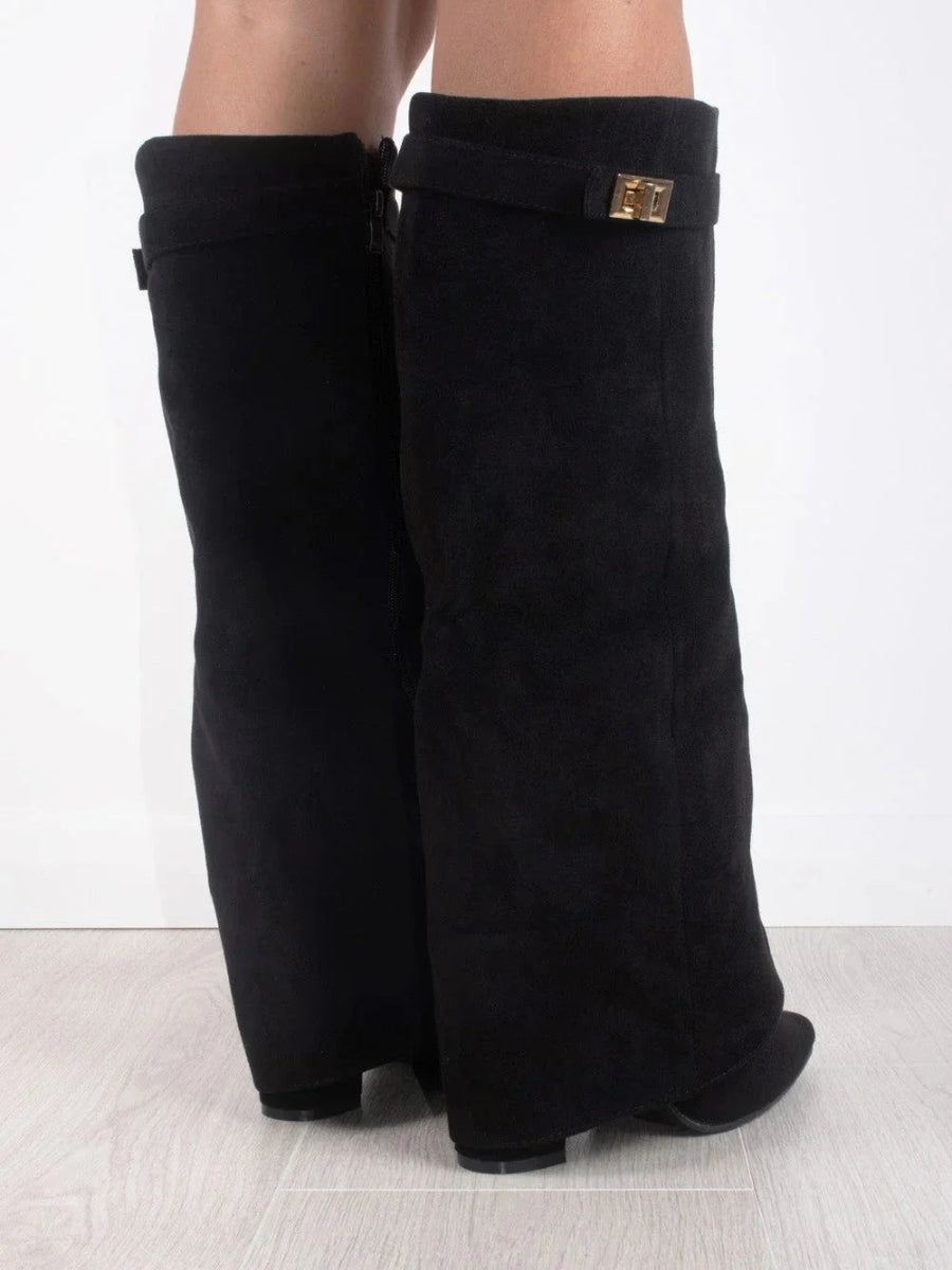 Wide Leg Leather Heeled Boots | Folded Design | Versatile Footwear for Casual or Dressy Occasions