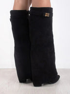 Wide Leg Leather Heeled Boots | Folded Design | Versatile Footwear for Casual or Dressy Occasions